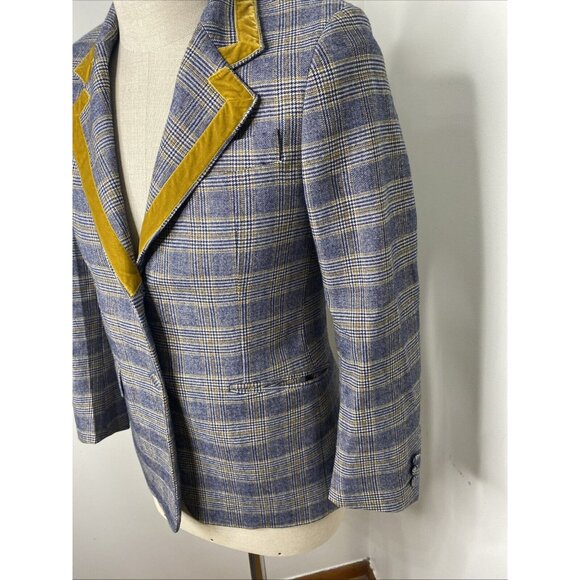 The GiGi Wool Blazer Jacket Plaid Blue Gold Velvet Collar Mens EU 40 US 30 Italy - Picture 5 of 12